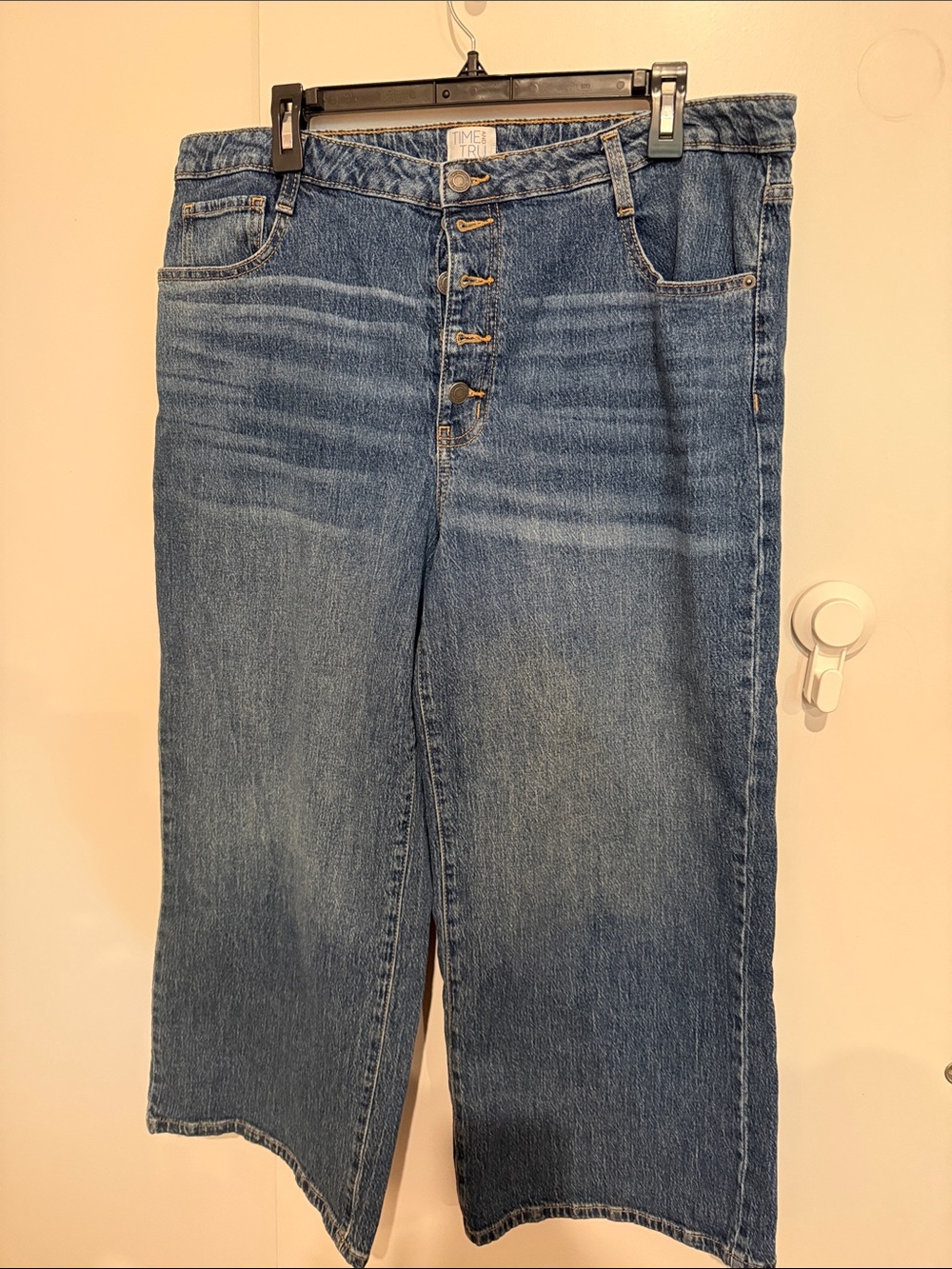 Time and Tru Medium Blue High-Rise Button-Fly Wide Leg Cropped Jeans